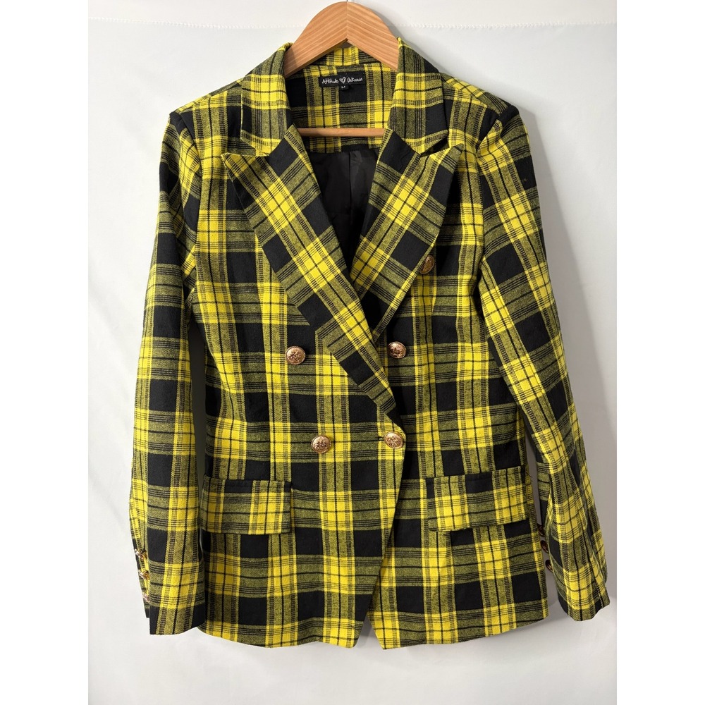 Y2K Clueless Yellow Black Plaid Double Breasted Blazer Sz M Cosplay Retro 90s